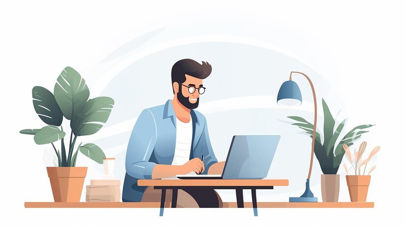 Un psicólogo guapo con barba y gafas trabajando en la consulta online